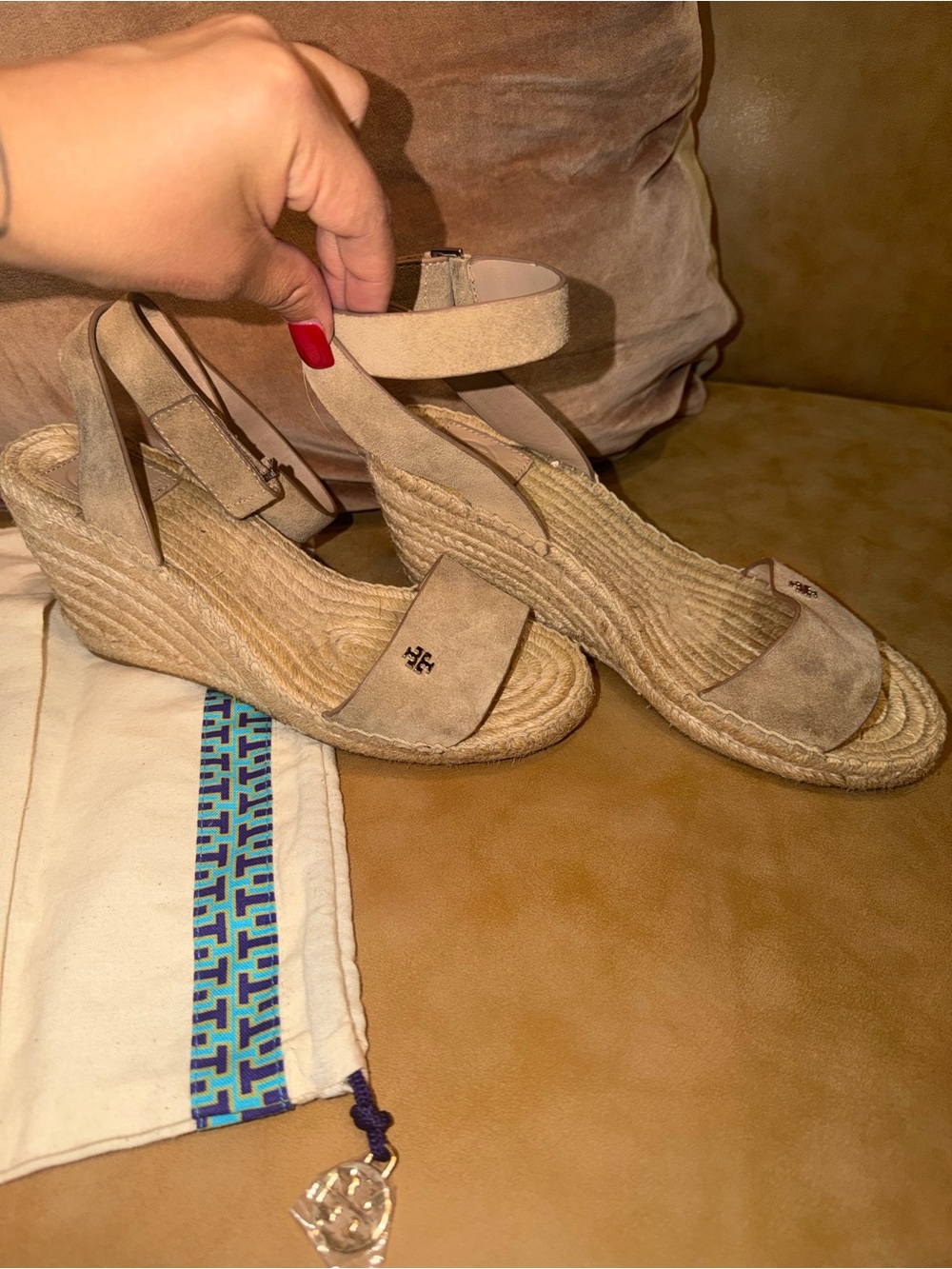 Tory Burch Beige Suede Espadrille Wedge Sandals